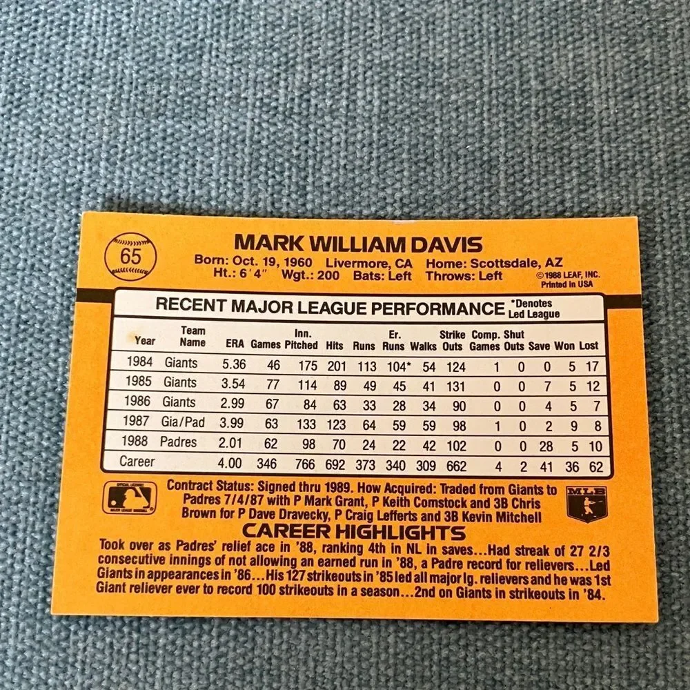 1989 Donruss San Diego Padres Baseball Card Trading Card